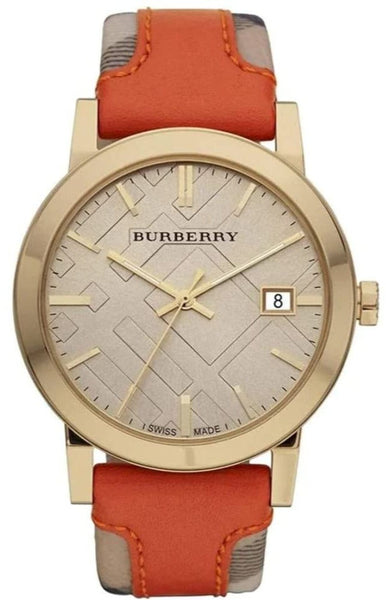 Burberry The City Gold Dial Orange Leather Strap Watch for Women - BU9