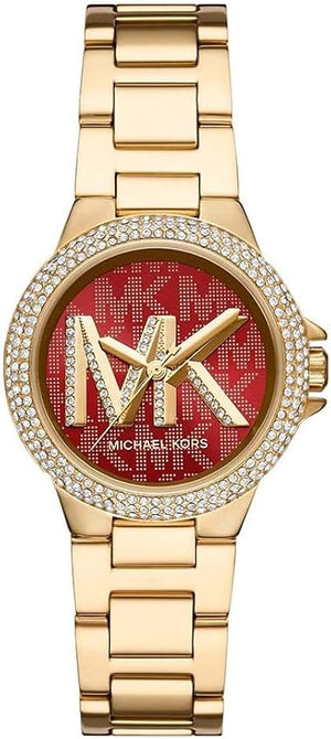 Michael Kors Camille Analog Red Dial Gold Steel Strap Watch For Women - MK7196