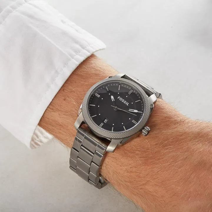 Fossil Machine Chronograph Black Dial Grey Steel Strap Watch for Men
