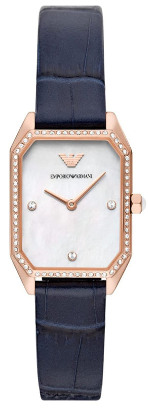 Emporio Armani Gianni T Bar Quartz Mother of Pearl Dial Blue Leather Strap Watch For Women - AR11466