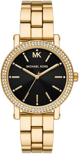 Michael Kors Corey Three Hand Black Dial Gold Steel Strap Watch for Women - MK7345