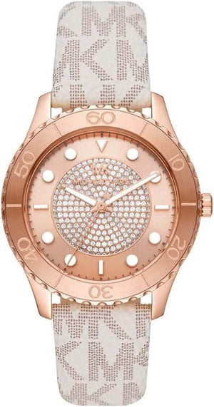 Michael Kors Runway Quartz Rose Gold Dial White Leather Strap Watch For Women - MK6980