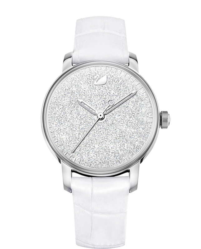 Swarovski Crystalline Hours Silver Dial White Leather Strap Watch 