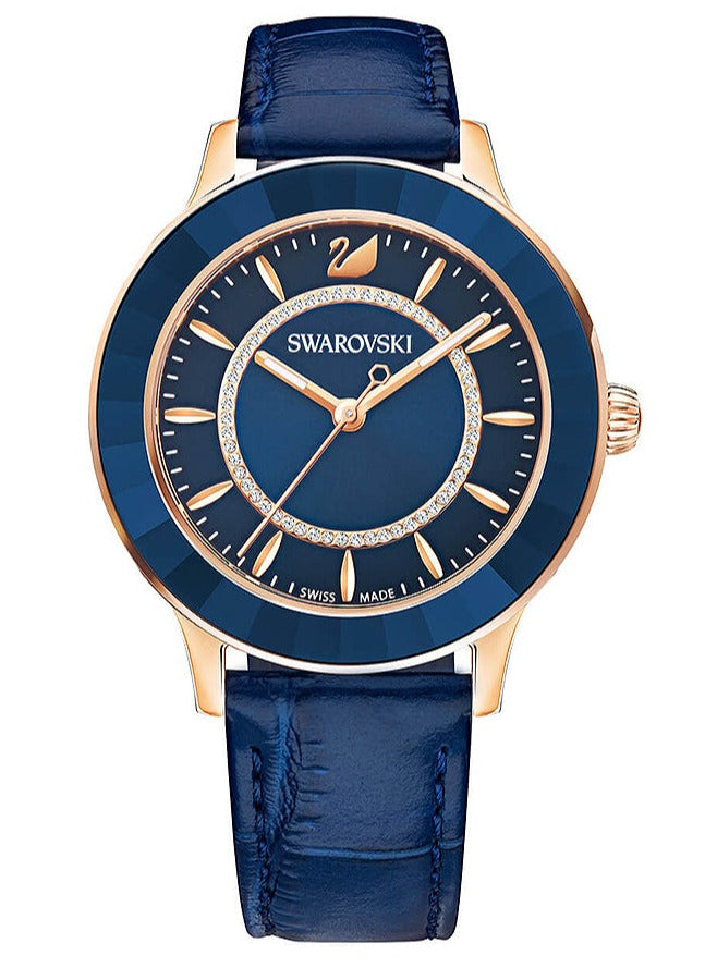 ワンピなど最旬ア！ Swarovski Women for Watch Strap Leather Blue Dial Blue Lux Octea 時計