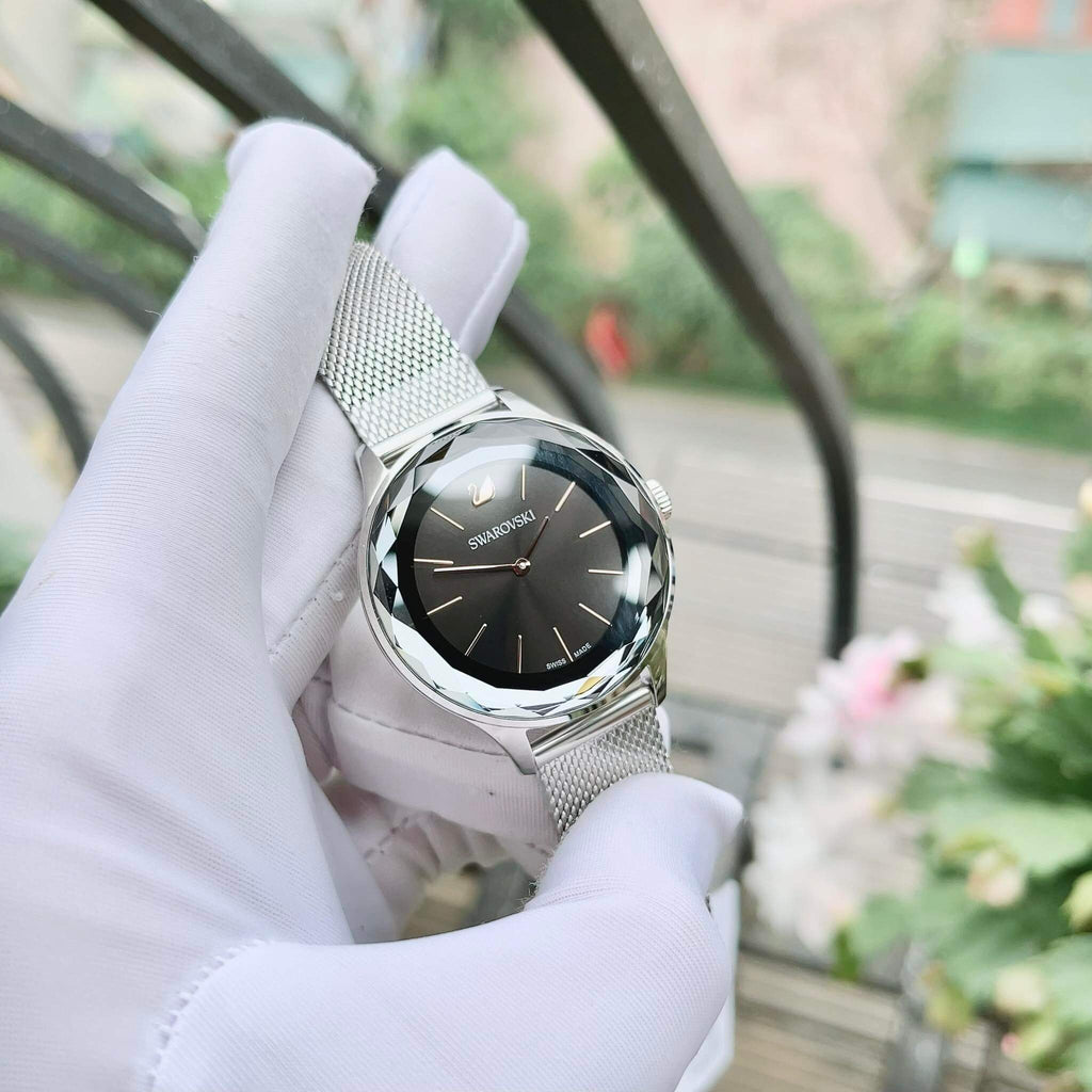 Damenuhr Silberne Uhr Schwarzes Zifferblatt Damen Swarovski Uhr