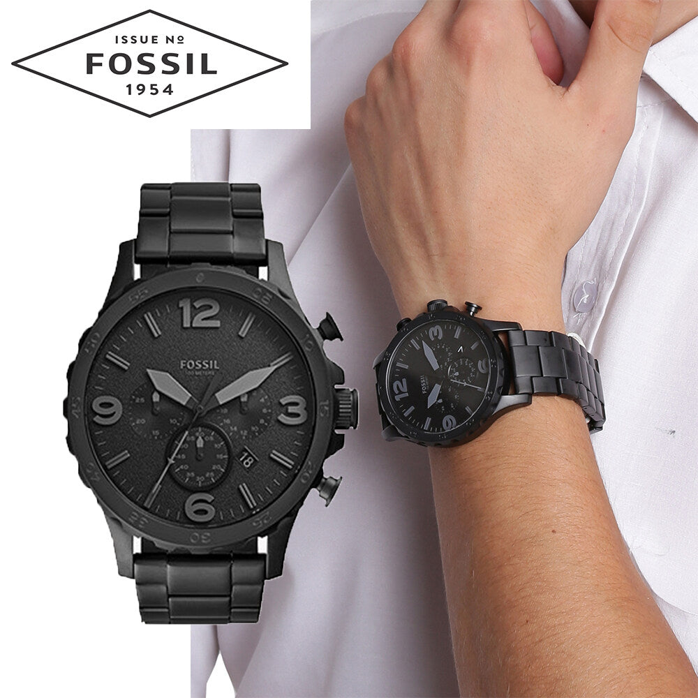 Fossil Nate Chronograph Black Dial Black Steel Strap Watch for Men