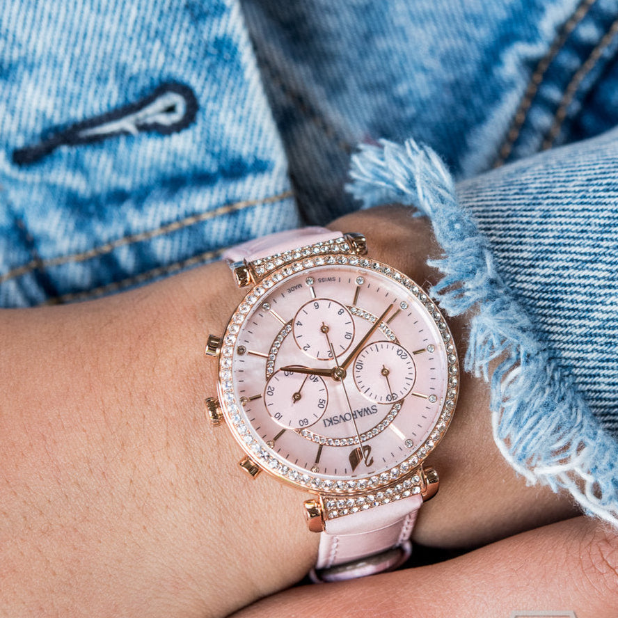 Swarovski Passage Chrono Pink Dial Pink Leather Strap Watch for Women