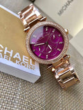 Michael Kors Mini Parker Multi-Function Plum Mother of Pearl Dial Rose Gold Steel Strap Watch For Women - MK6403