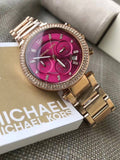 Michael Kors Mini Parker Multi-Function Plum Mother of Pearl Dial Rose Gold Steel Strap Watch For Women - MK6403