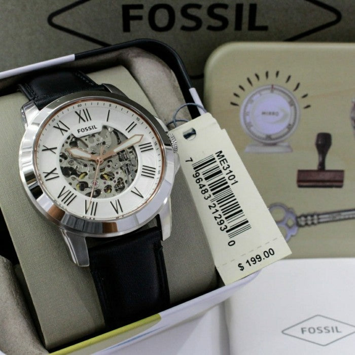 Fossil Grant Automatic Skeleton White Dial Black Leather Strap Watch for Men - ME3101