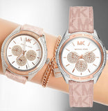 Michael Kors Multifunction Silver Dial Pink Leather Strap Watch For Women - MK7206