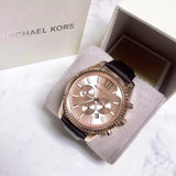 Michael Kors Lexington Chronograph Rose Gold Dial Black Leather Strap Watch For Men - MK8516