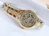 Fossil Rye Automatic Skeleton Gold Dial Gold Steel Strap Watch for Women - BQ3755