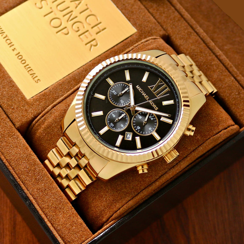 Michael Kors Black Watch Steel Dial Strap for Men Gold Lexington Chronograph