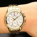 Tommy Hilfiger Ari Multifunction Diamonds Silver Dial Gold Steel Strap Watch for Women - 1781977