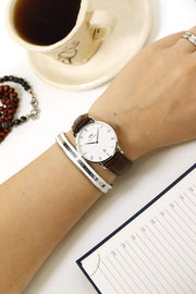 Daniel Wellington Dapper Bristol White Dial Brown Leather Strap Watch For Women - DW00100098