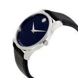 Movado Museum Blue Dial Black Leather Strap Watch For Men - 607013