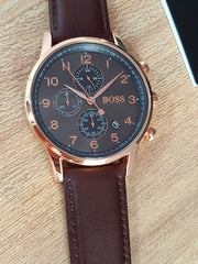 Hugo Boss Navigator Chronograph Grey Dial Brown Leather Strap Watch for Men - 1513496