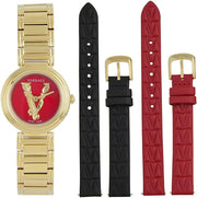 Versace Virtus Mini Quartz Red Dial Gold Steel Strap Watch For Women - VET300321