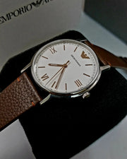 Emporio Armani Kappa Silver Dial Brown Leather Strap Watch for Men - AR11173