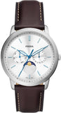 Fossil Neutra Minimalist Moonphase Silver Dial Brown Leather Strap Watch for Men - FS5905