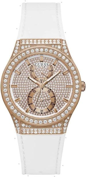 Guess Sport Multifunction Crystals Rose Gold Dial White Rubber Strap Watch For Women - GW0439L3