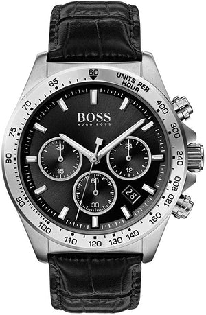 Hugo Boss Hero Chronograph Black Dial Black Leather Strap Watch For Men - 1513752