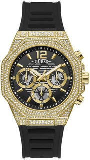 Guess Momentum Chronograph Diamonds Black Dial Black Silicone Strap Watch For Men - GW0518G2