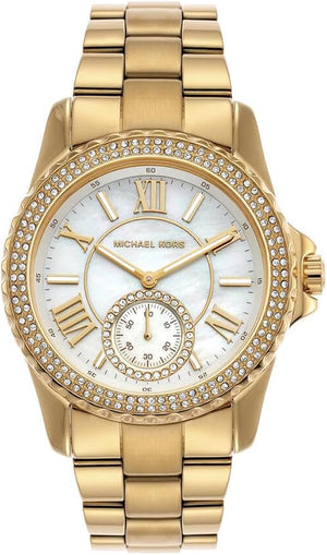 Michael Kors Everest Three Hand Mother of Pearl White Dial Gold Steel Strap Watch For Women - MK7401