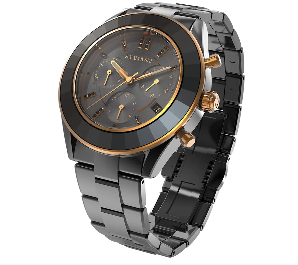Lux Unisex Black Strap Octea Black Steel Watch Dial Sport Swarovski