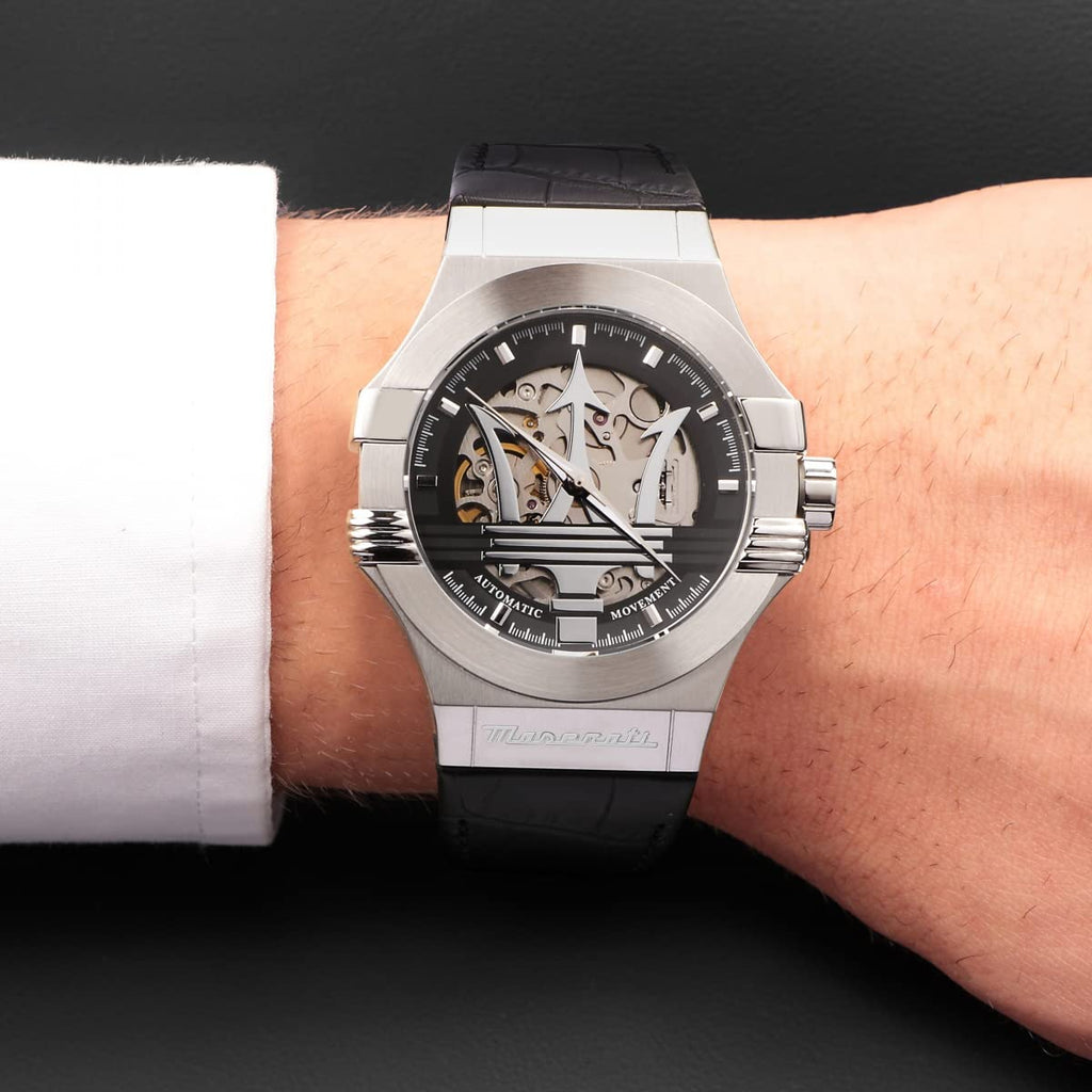 Maserati Potenza Automatic Black Dial Black Leather Strap Watch