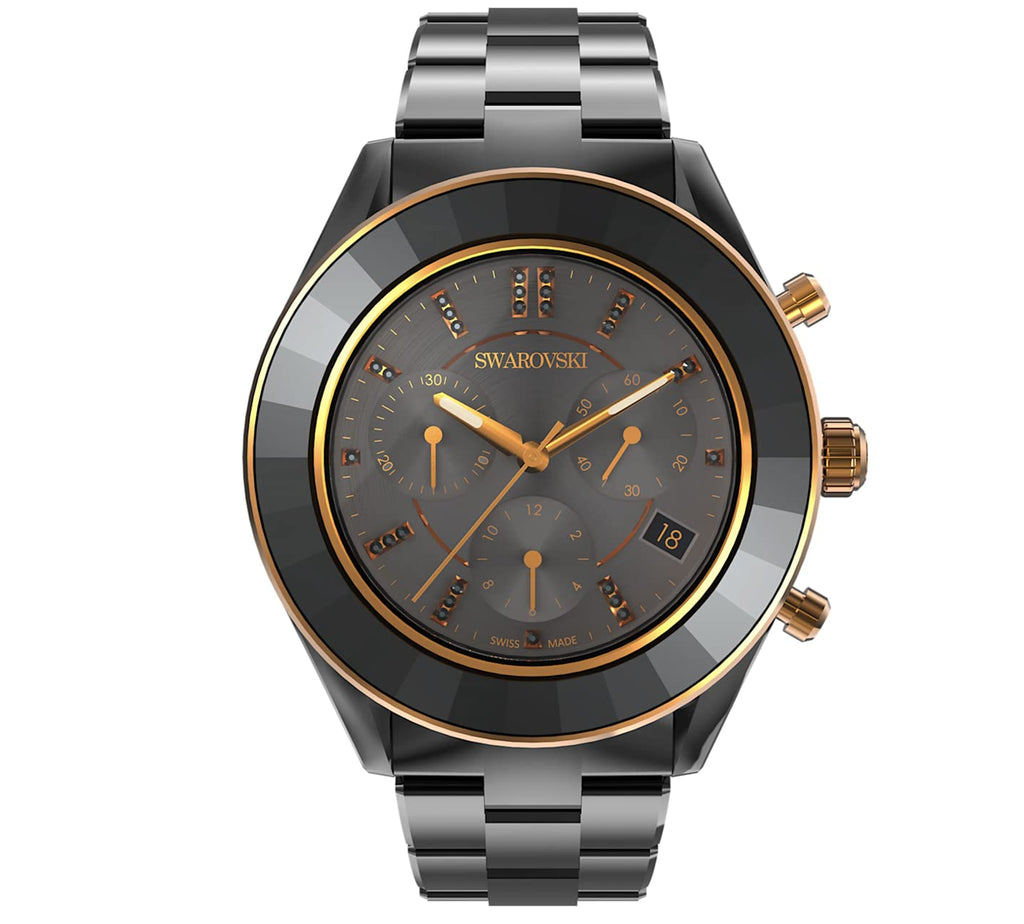 Octea Unisex Lux Steel Black Watch Black Dial Strap Swarovski Sport