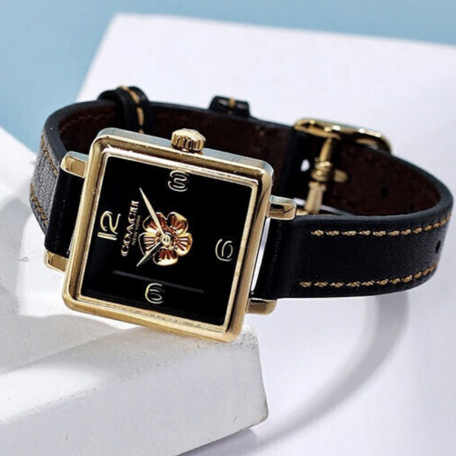 Coach Black Square Dial Black Leather Strap Watch for Women