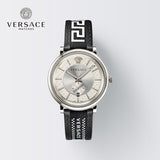 Versace V-Circle Silver Dial Black Leather Strap Watch for Men - VEBQ01219