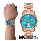 Michael Kors Runway Chronograph Turquoise Dial Rose Gold Steel Strap Watch For Women - MK6164