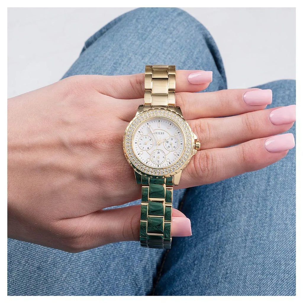 Guess Crown Jewel Diamonds White Dial Gold Steel Strap Watch for Women