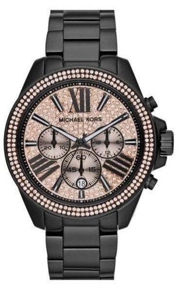 メル85316 ❤️セール❤️685【グラデーションブラック光沢ピコティ】 Michael Kors Wren Chronograph Gold Dial Black Steel Strap Watch