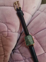 Daniel Wellington Quadro Pressed Melrose Emerald Green Dial Black Leather Strap Watch For Women - DW00100446