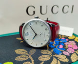 Gucci G Timeless Automatic Silver Dial Red Leather Strap Watch For Men - YA126346