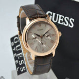 Guess Wafer Quartz Beige Dial Brown Leather Strap Watch For Men - W0496G1