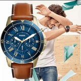 Fossil Grant Sport Chronograph Blue Dial Brown Leather Strap Watch for Men - FS5268