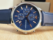 Emporio Armani Renato Chronograph Blue Dial Black Leather Strap Watch For Men - AR11216