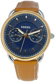 Fossil Tailor Date-Day Quartz Blue Dial Brown Leather Strap Watch for Women - ES4257