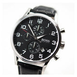 Hugo Boss Aeroliner Chronograph Quartz Black Dial Black Leather Strap Watch For Men - HB1512448