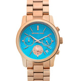 Michael Kors Runway Chronograph Turquoise Dial Rose Gold Steel Strap Watch For Women - MK6164