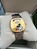 Gucci Grip Disney Mickey Mouse Gold Dial Brown Leather Strap Watch For Women - YA157420