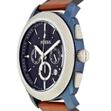 Fossil Machine Chronograph Blue Dial Brown Leather Strap Watch for Men - FS5232