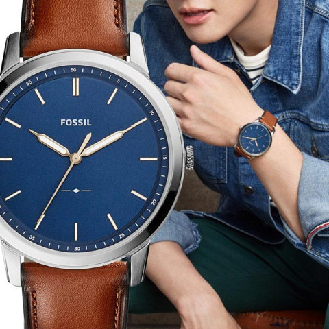 Fossil Minimalist Blue Dial Brown Leather Strap Watch for Men
