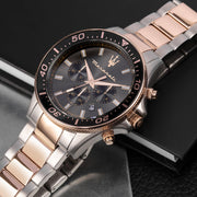 Maserati SFIDA Chronograph Black Dial Two Tone Steel Strap Watch For Men - R8873640002