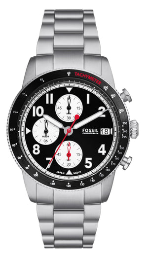 Fossil Sport Tourer Chronograph Black Dial Silver Steel Strap Watch for Men - FS6045